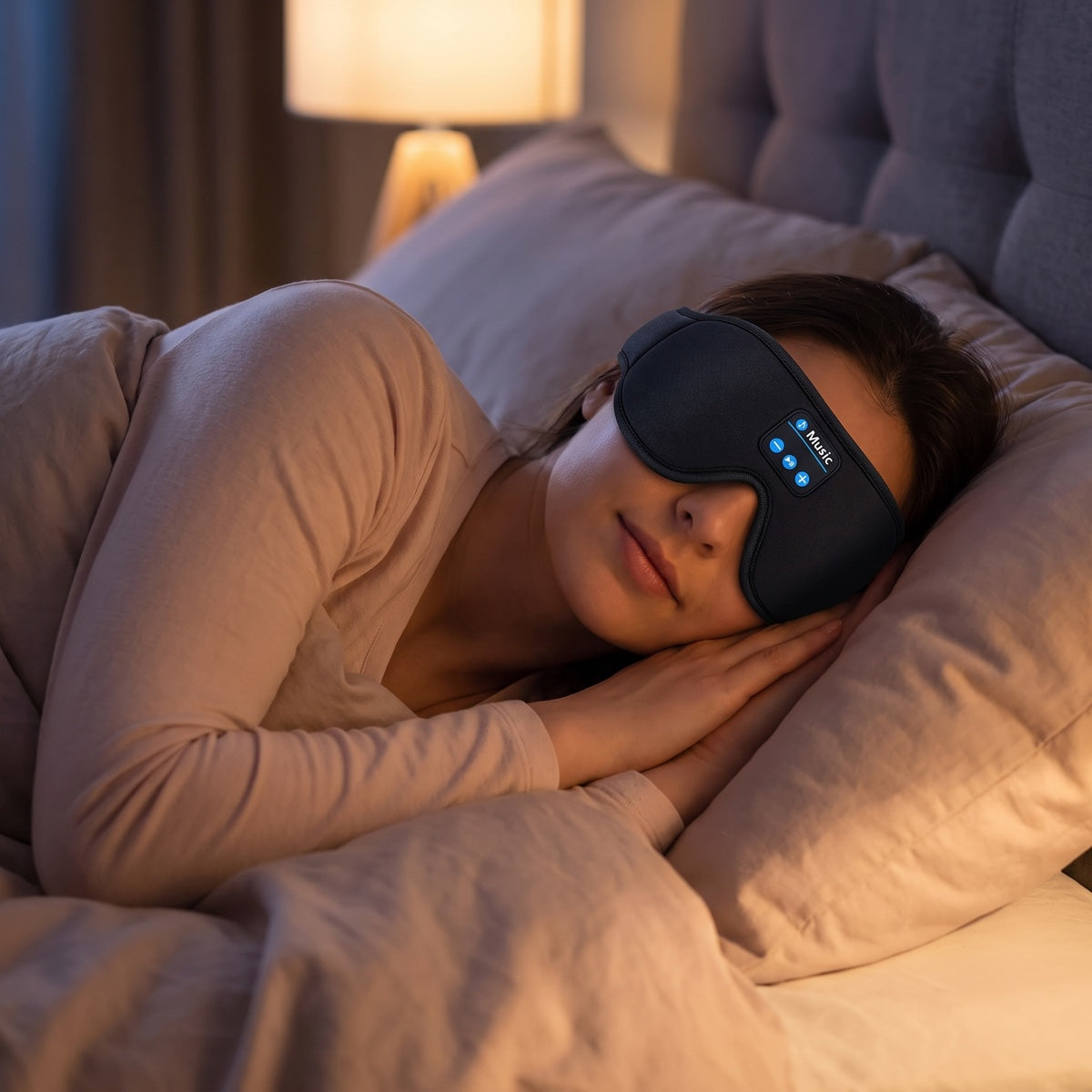 Side sleeper wearing a Bluetooth sleep mask with flat built-in speakers