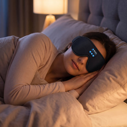 Side sleeper wearing a Bluetooth sleep mask with flat built-in speakers